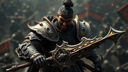 Brutal male warrior with a sinister smile, wearing ornate armor and wielding an elaborate weapon, set against a dark-toned battlefield backdrop; the warrior strikes a commanding, militant pose. The composition is emotionally intense and epic, with dramatic shadows highlighting the scene. Rendered in ArtStation trending style, the artwork features cinematic lighting and is created in Blender, presented with a 3D octane render and VFX effects. The image is designed as an 8k isometric wallpaper with an expansive view, ensuring a focus on the intricate details of the battlefield and warrior without a close-up portrait.