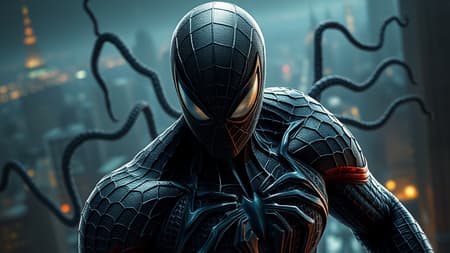 Spider-Man in a venomized form, rendered in ultra-realistic detail, capturing every sinew and texture in 8k resolution with a dynamic 9:16 aspect ratio, features intricate patterns of the symbiote weaving across his suit, a dramatic interplay of light and shadow highlighting the duality of his transformation, eyes glowing with an otherworldly intensity, set against a backdrop of a cityscape shrouded in darkness, with tendrils of the symbiote creeping into the scene, infusing the environment with a sense of tension and raw power. Spider-Man in a venomized form, rendered in ultra-realistic detail, capturing every sinew and texture in 8k resolution with a dynamic 9:16 aspect ratio, features intricate patterns of the symbiote weaving across his suit, a dramatic interplay of light and shadow highlighting the duality of his transformation, eyes glowing with an otherworldly intensity, set against a backdrop of a cityscape shrouded in darkness, with tendrils of the symbiote creeping into the scene, infusing the environment with a sense of tension and raw power.