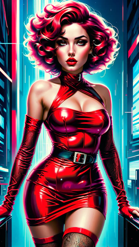 Old Hollywood meets modern pop culture, and she's got that Boop-Boop-be-doop! She's also a supervillain capable of blowing you down with her kisses! The power blasts forward from her in red lip-shaped energy! feminine woman, young Caucasian female. Actress, sort of like Betty Boop. Red is her favorite color! Fun, vivacious, lively, glamorous. Tall, leggy, strong, fit, busty, thin but curvy. Beautiful face, sparkling Hazel eyes with long eyelashes. Medium length hair to her shoulders, with fluffy bouncy burgundy colored curls, glamorously styled. Usually dark sunglasses perched on top of her head. Shiny, glossy ruby-red lips, usually blowing kisses. Shiny, glimmering red mini-dress with cut-out shoulders, form fitting material. Black leather designer belt around her waist. The dress is slit on one side. Red fishnet stockings on her legs, with knee-high red stiletto heeled boots on her feet. Her power is her lips, blowing kisses from the other side of the room. Full body pose. Old Hollywood meets modern pop culture, and she's got that Boop-Boop-be-doop! She's also a supervillain capable of blowing you down with her kisses! The power blasts forward from her in red lip-shaped energy! feminine woman, young Caucasian female. Actress, sort of like Betty Boop. Red is her favorite color! Fun, vivacious, lively, glamorous. Tall, leggy, strong, fit, busty, thin but curvy. Beautiful face, sparkling Hazel eyes with long eyelashes. Medium length hair to her shoulders, with fluffy bouncy burgundy colored curls, glamorously styled. Usually dark sunglasses perched on top of her head. Shiny, glossy ruby-red lips, usually blowing kisses. Shiny, glimmering red mini-dress with cut-out shoulders, form fitting material. Black leather designer belt around her waist. The dress is slit on one side. Red fishnet stockings on her legs, with knee-high red stiletto heeled boots on her feet. Her power is her lips, blowing kisses from the other side of the room. Full body pose.