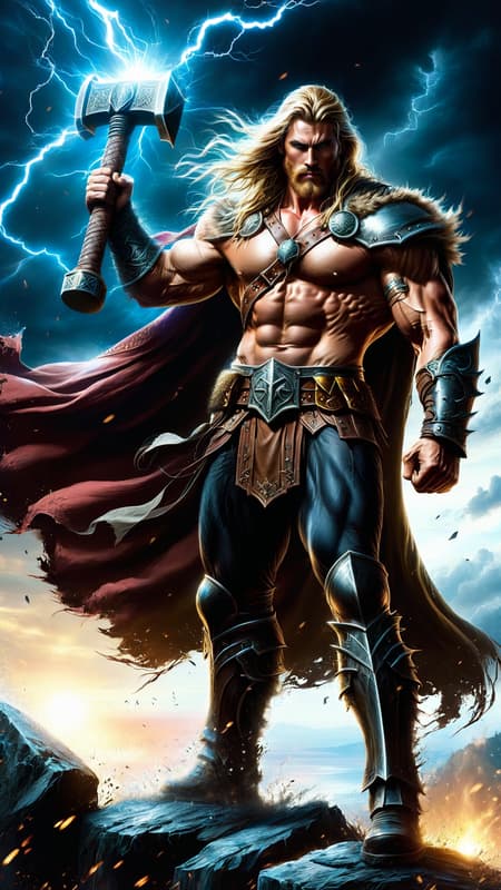 Ancient cleric of Thor,  Viking warrior and mystic. He is a healer and controller of weather--- but he mostly brings the lightning and thunder during battle. He is also a true Viking warrior. He wields a large metal war hammer, just like his pstron diety. Tall, muscular, big muscles, strong, fit. Wide back, broad chest, narrow waist, sinewy. Handsome masculine rugged face with icy blue eyes, strong brow and jaw, neatly trimmed mustache and Beard. He is strawberry-blonde, long shoulder length hair side parted and volumous. He wears a golden metal circlet around his head, it shines and glistens in the sunlight. He is bare chested, but wears heavy gold chain around his neck with s golden Viking hammer symbol. Gold metal pauldrons and shoulder pads on his shoulders. Brown leather o-ring harness on his massive chest. Brown leather bracers on his arms, thick brown leather belt around his waist, both adorned with bronze rivets. Black warrior pants on his muscular legs, brown leather knee-high boots on his feet. A dark crimson cloak on his back, blowing in the wind. He holds up his war hammer in his fist, his muscular arm raised up to the sky, the long hairs under his arm very visible. Full body pose, warroir stance and challenging the forces of darkness. He brings the lightning and the light. 