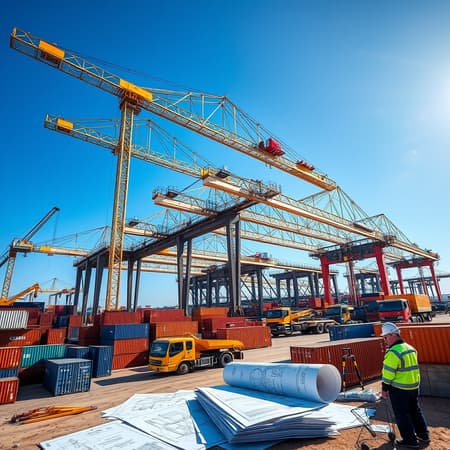 Photographs capturing the bustling construction site of the dry port in Drogobich, showcasing the dynamic interaction of cranes lifting massive steel beams against a backdrop of clear blue skies, while workers in high-visibility gear diligently assemble infrastructure; trucks and heavy machinery maneuver through stacks of shipping containers, illustrating the scale and ambition of the project; focus on the architectural blueprints being reviewed on-site, juxtaposed with the emerging structural elements, highlighting the blend of innovative engineering and meticulous planning driving this transformative commercial hub. Photographs capturing the bustling construction site of the dry port in Drogobich, showcasing the dynamic interaction of cranes lifting massive steel beams against a backdrop of clear blue skies, while workers in high-visibility gear diligently assemble infrastructure; trucks and heavy machinery maneuver through stacks of shipping containers, illustrating the scale and ambition of the project; focus on the architectural blueprints being reviewed on-site, juxtaposed with the emerging structural elements, highlighting the blend of innovative engineering and meticulous planning driving this transformative commercial hub.