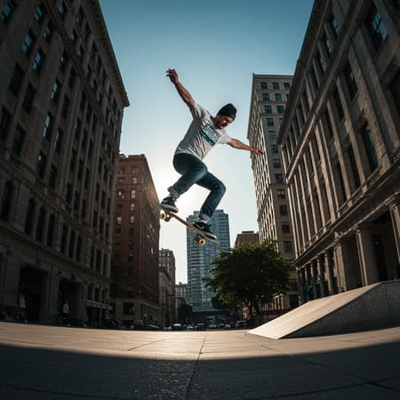 Capture the vibrant energy of urban life with a professional skateboarder executing an ollie in the bustling cityscape, showcasing the stunning dynamic range of the scene as sunlight filters through towering buildings, casting dramatic shadows and highlighting the skateboarder's fluid motion against the backdrop of intricate architectural details.