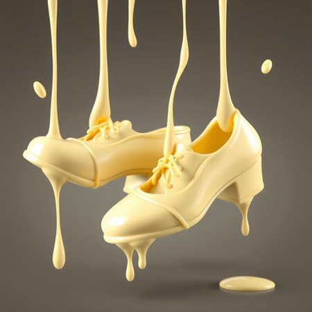 A stunning 3D render of a pair of shoes crafted from creamy white chocolate, gracefully suspended in mid-air, with silky streams of chocolate gently melting and dripping down. The composition is pristine and beautifully illustrated, capturing the essence of an exquisite artwork. A stunning 3D render of a pair of shoes crafted from creamy white chocolate, gracefully suspended in mid-air, with silky streams of chocolate gently melting and dripping down. The composition is pristine and beautifully illustrated, capturing the essence of an exquisite artwork.