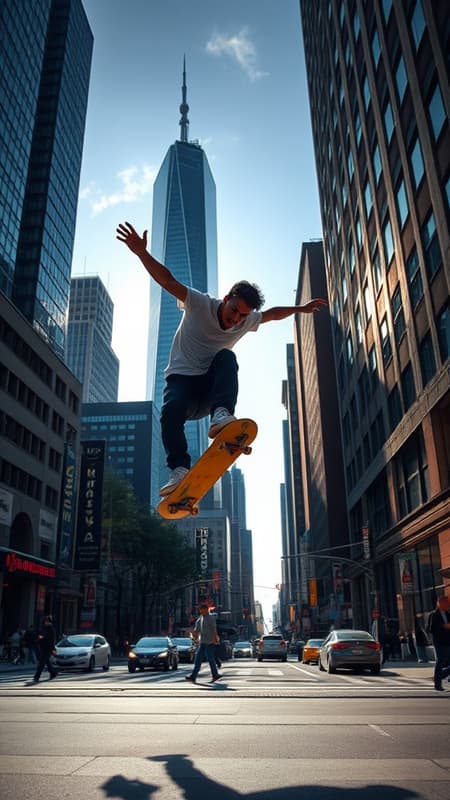 Urban scene capturing a professional skateboarder in mid-air, skillfully performing an ollie, highlighting the dynamic range of light and shadows amidst the bustling city backdrop, with skyscrapers and bustling streets providing an energetic and vibrant atmosphere.