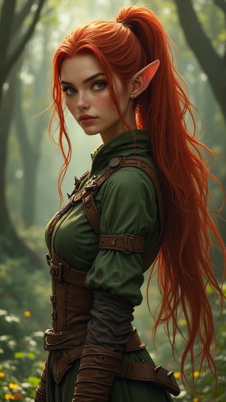 Elf Ranger Long Artwork A portrait of a female elf ranger with a flowing, long red ponytail and a green and brown leather outfit adorned with subtle spikes. The scene captures her centered, with intricate and highly detailed features highlighting her breathtaking beauty. The precise lineart and vibrant colors bring a comprehensive cinematic quality to the piece, evoking the style of Bastien Lecouffe-Deharme. The composition maintains clarity and artistry, focusing on the elf's poised elegance and keen gaze, set against a softly blurred forest background, enhancing the intrigue and allure of her character.
