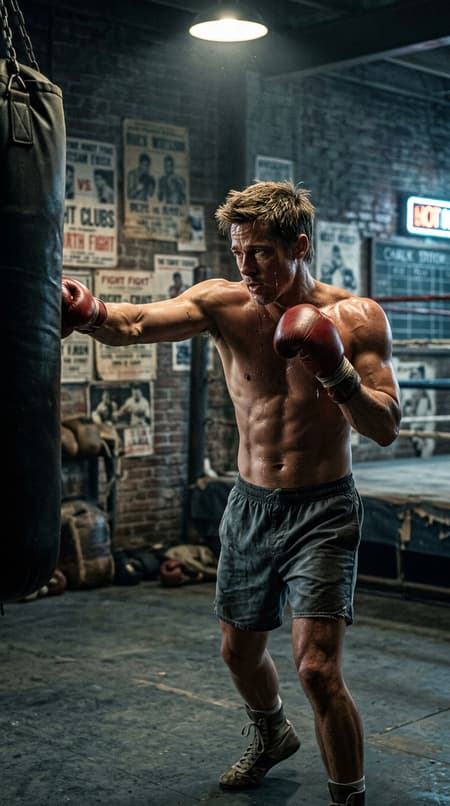 Brad Pitt shirtless doing intense boxing training in a gritty gym, sweat dripping, dramatic side lighting, cinematic photo, muscular physique like Fight Club era