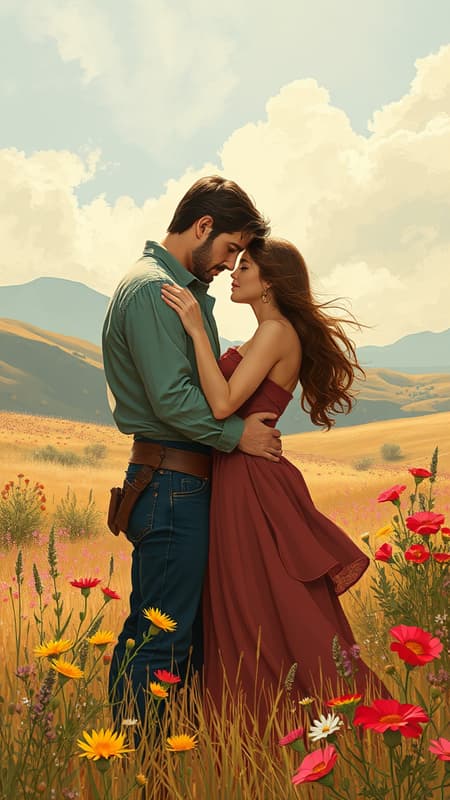 Romantic illustration featuring a couple locked in a passionate embrace, a vintage romance novel cover, set in the Wild West amidst a vibrant field of wildflowers swaying in the gentle breeze, capturing the raw and untamed spirit of the frontier.