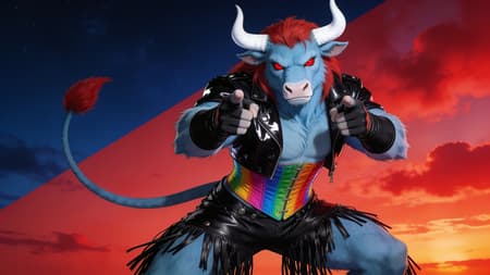 Fierce Anthro Bull In Rainbow Corset Full body portrait of a fierce anthro bull character, light blue fur, red hair and tail tip, white horns, red eyes. Wearing a black shiny leather jacket and a rainbow colored corset, black fingerless gloves, and black leather fringed chaps. The character is pointing directly at the viewer with both hands. Dynamic lighting, dramatic mood. Realistic digital art, high detail. Background split diagonally: top left is dark blue night sky, bottom right is vibrant red sunset clouds.