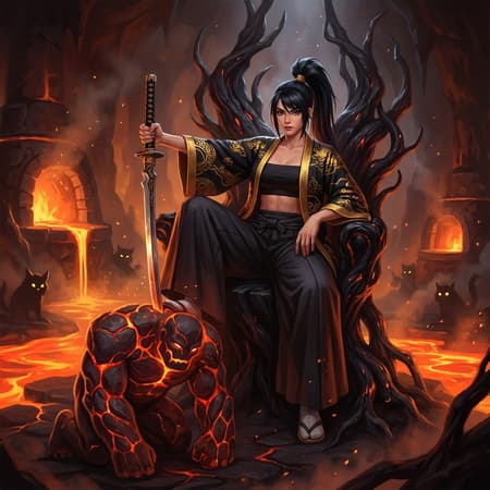 Full body portrait of a powerful female samurai with black hair tied in a high ponytail, wearing a black and gold patterned kimono jacket over a black crop top and baggy pants, seated regally on a dark, gnarled throne-like structure. She holds a large, ornate katana pointed downwards towards a kneeling, muscular lava golem with glowing cracks. The scene is set in a dark, cavernous forge with glowing furnaces and molten lava rivers. Warm, dramatic lighting from the lava and hanging lanterns casts strong shadows. The mood is intense and dominant. Colors are dominated by fiery oranges, reds, and deep blacks, with hints of gold. Small, dark, fuzzy creatures with eyes observe from the background. Digital art, highly detailed, dramatic composition.