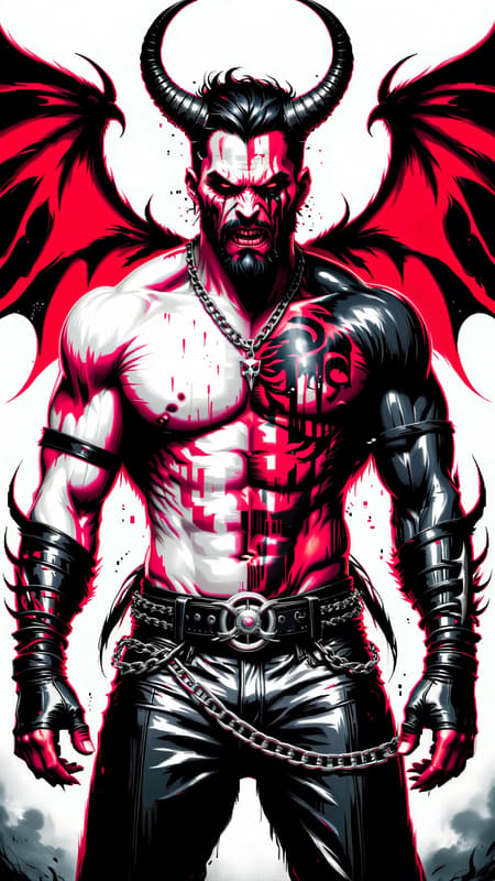 Cosmic horror.  Chaos from creation. Abyss demon, death demon. Hypermasculine male, tall, extremely muscular, brute, sinewy.  Pale white skin. Red, menacing eyes with dark circles around them. Strong brow and jaw, vampire-like fangs in his mouth. Black medium length hair, wild and unruly. 2 large white ivory horns curving up from the sides of his head. Black goatee on his face. His upper body is covered in dark red tribal tattoos and sigils, all neatly arranged. Big silver chains are wrapped around his massive chest in an o-ring style harness, also wrapped above his biceps. Heavy black leather bracers with spikes are on his arms. Hands have black, claw like fingernails. He wears form-fitting, leather bondage-type pants with chains around his waist. A large silver inverted pentacle as the belt buckle. Pants are tucked into big, heavy black boots adorned with silver metal. He has 2 gigantic demon wings, black on the outsides and reddish on the insides-- he uses them to fly. He has a dark aura and there is black smoke wherever he goes. Full body pose. He is a worshiper of Death. 