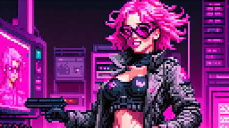 (swat man), (pixel art), detailed, torso, gloves, mask, goggles, action pose, trench coat, pink, surreal, strange, (full body sexy gamer girl with pink hair photo), vaporwave neon theme, woman, portrait, smile, laugh, open mouth, (upper body, bust shot, looking away:1.1), neon hair