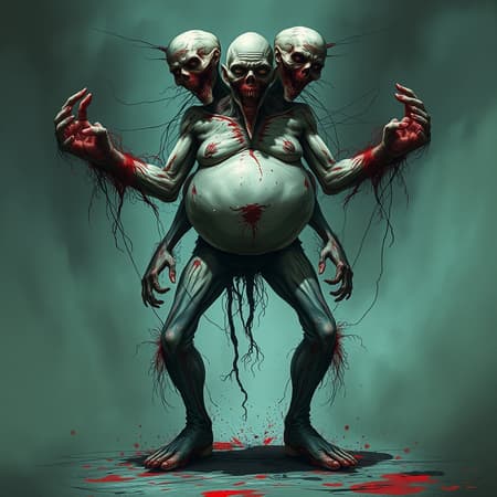 A full body portrait of a nightmarish man, surrealist style, embodying darkness and terror. The illustration features dynamic lines and particles with influences from Greg Rutkowski and Yoji Shinkawa. It's a digital 4k concept art piece with a disturbing appearance, featuring bad anatomy elements like extra limbs and a long neck. The figure has a disfigured, fat form with a face, hands, and feet that are poorly rendered and strangely posed. The composition is unsettling, with distorted proportions, double heads, and a sense of being out of frame, evoking a creepy and surreal atmosphere, trending on Artstation for its unconventional and haunting aesthetic. A full body portrait of a nightmarish man, surrealist style, embodying darkness and terror. The illustration features dynamic lines and particles with influences from Greg Rutkowski and Yoji Shinkawa. It's a digital 4k concept art piece with a disturbing appearance, featuring bad anatomy elements like extra limbs and a long neck. The figure has a disfigured, fat form with a face, hands, and feet that are poorly rendered and strangely posed. The composition is unsettling, with distorted proportions, double heads, and a sense of being out of frame, evoking a creepy and surreal atmosphere, trending on Artstation for its unconventional and haunting aesthetic.