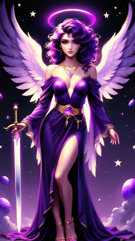 They say that purple stars don't exist in space, or that we can't see the light they emit...but they do, and there is an Angel that resides over them. She is a beautiful Angel with huge wings with Violet, purple, magenta, amethyst, lilac and magenta wings. She appears as a feminine Caucasian woman-- tall, statuesque, strong, slender but athletic. Her hair is black with streaks of purple throughout, swept back on one side, curly Bangs swept to one side with long loose curls falling over her shoulders. Her eyes are bright Violet and shine like jewels, her lips magenta, her face modelesque and pretty.  There is a glowing bright Violet halo over her head. She wears a shiny metallic long sleeved off the shoulder gown, the sleeves lacey and delicate. She wears a gold necklace around her neck with an amethyst stone pendant. Gold bracelets on her wrists, and a metallic gold belt with amethyst stones around her waist. The bottom part of her gown is flowing gently, she wears golden high heeled sandals on her feet. She stands on the edge of a galaxy, and there are purple stars where she resides. She carries a golden jeweled sword that vanquishes evil and darkness. She is God's Angel of mystery and all things unkown. Full body pose. They say that purple stars don't exist, but SHE DOES... 