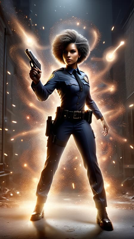 Female cop, lieutenant, streetwise super-hero. African-American female, feminine but tough. Tall, strong, athletic. Curly black short hair, swept back on one side, blonde streaks on the top. Smooth brown skin, Hazel eyes. Beautiful face, moderate  make-up.  Black police uniform,  feminine version. Quick dexterity and fast reflexes--- she can catch a bullet in the air. She is invulnerable to physical damage, bullets bounce off her and fire, electricity, bombs do not effect her. If she does get any physical damage, she can heal herself. She carries a silver automatic pistol, she dies not miss her target. Full body pose, fighting stance. Probably busting up a drug ring. 