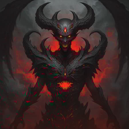 Demon Red Eyes, Artwork An illustration of a sinister demon with glowing red eyes, inspired by the styles of Jessica Rossier and Brandon Woelfel, featuring a powerful use of negative space. The demon’s form is intertwined with dragon-like elements, bathed in dark gray and red hues, set within a hazy, moody atmosphere. The composition captures a surreal, otherworldly presence, blending intricate details with an ethereal quality.