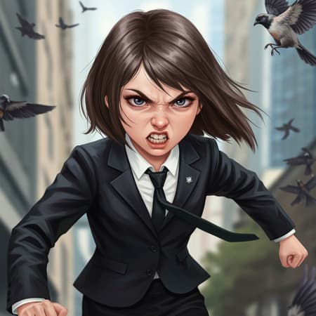 A young girl in a sleek business suit, her face contorted in a fiercely determined expression, rendered in a style reminiscent of Unreal Engine 5. The art combines cartoonish caricature elements with a remarkably vivid color palette, resulting in a beautiful and visually striking image. Her motions are captured with animated gif-like fluidity, while lifelike avian illustrations flutter around her, adding dynamic depth. The scene offers a close-up perspective, merging soft lighting with hints of playful whimsy, embedding unexpected romantic undertones in her steely resolve, accentuating her captivating presence in a harmonious blend of realism and fantasy.