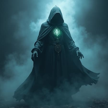 Void sorcerer character design enveloped in ethereal mist, displaying hyper-realistic details rendered in Octane and enhanced by Unreal Engine, featuring intricate patterns and textures, glowing arcane symbols etched into a flowing cloak, with dramatic volumetric lighting casting dynamic shadows that dance within the void.