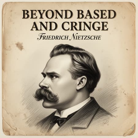 Vintage Book Cover Art, Aged Vintage book cover art, aged paper texture, featuring a detailed illustration of Friedrich Nietzsche in profile, looking left. The art style is a blend of charcoal sketch and digital painting, with visible brushstrokes and shading. The title "BEYOND BASED AND CRINGE" is prominently displayed in a bold, serif font at the top, with "FRIEDRICH NIETZSCHE" in a smaller, elegant script below. The background is a muted, sepia-toned beige with subtle dirt and wear marks. The mood is intellectual and slightly humorous, with soft, even lighting. Colors are desaturated, primarily beige, black, and white, giving an antique, weathered atmosphere. The edges of the book cover are slightly frayed and discolored.