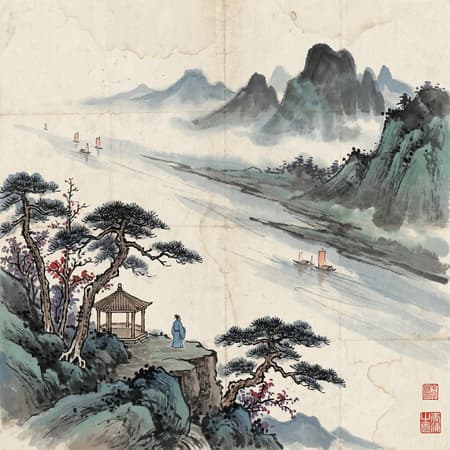 Traditional Chinese ink wash painting, mountain landscape with a vast misty river or lake, several distant boats with orange sails, a foreground rocky cliff with pine trees and sparse red/purple foliage, a small gazebo, and a lone figure in blue robes gazing at the scenery. Dynamic composition with diagonal lines leading the eye, soft, atmospheric lighting, serene and contemplative mood. Predominant colors are muted blues, greens, grays, and black ink on a light, aged paper background with subtle water stains and a vertical fold line. Red seal stamps in the bottom right corner.