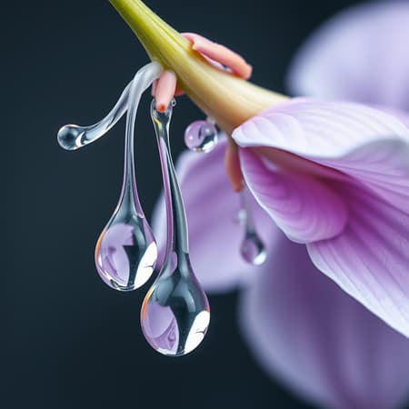 Surrealist depiction of water droplets gracefully suspended on a flower stem, reminiscent of Picasso's style, with elements melting and intertwining; materials shimmer in hues of light silver and soft lavender, showcasing intricate layers and an ethereal balance of shape and form.