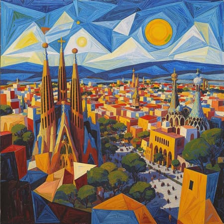 Imagine Colorful Imagine a vibrant, colorful depiction of Barcelona, Spain, through Pablo Picasso's eyes. The scene is a Cubist masterpiece, with fragmented shapes and bold geometric forms capturing the essence of the city's iconic landmarks like Sagrada Familia, Park Güell, and La Rambla. Viewed through a wide-angle lens from a high vantage point, the panorama reveals a dynamic cityscape with its diverse architecture and lively streets. A rich palette of blues, reds, yellows, and greens dominates the scene, reflecting Picasso's signature style. The composition achieves a dynamic balance, merging the city's energy with the abstract nature of Cubism, while allowing for small creative modifications that enhance the overall essence of Barcelona.