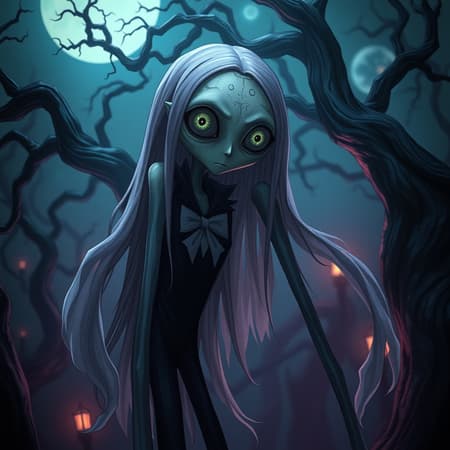 Create an anime character in a Tim Burton style, featuring a creepy, atmospheric design. The scene should be in ultra-high definition with high dynamic range, capturing every detail vividly. The character has elongated limbs and a surreal, ghostly presence. Their eyes are large and expressive, hinting at a mysterious and dark story. The surrounding environment is eerie and dreamlike, with twisted trees and shadows that seem to come alive. The color palette is a mix of deep blues, purples, and blacks, adding to the moody, gothic aesthetic. The overall composition should feel like a hauntingly beautiful mix between a fantasy and a nightmare, bringing forth a captivating and otherworldly visual experience.