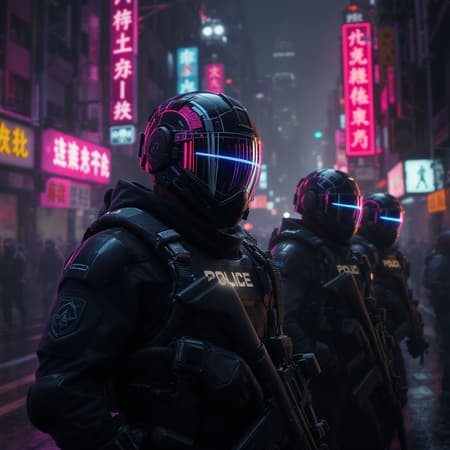 Police patrolling the bustling streets donned in lightweight yet robust riot gear in a sprawling cyberpunk metropolis, their advanced helmets glistening with the city's neon reflections. The gear showcases intricate designs and meticulous details, emphasizing both functionality and cutting-edge aesthetics. Dramatic lighting casts dynamic shadows, highlighting the photorealistic textures in a cinematic 8k quality. The scene, rendered with the precision of unreal engine and octane render, features a carefully managed depth of field, immersing viewers in the vibrant yet gritty urban landscape, where every corner teems with pulsating energy.