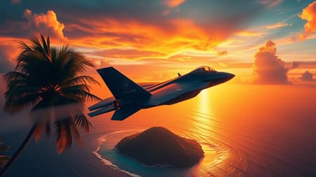 An F-22 Raptor soaring through a vibrant sunset sky, casting a shadow over a lush, tropical island below, its engines roaring as it gracefully maneuvers between towering palm trees and shimmering ocean waves, evoking a sense of power and freedom in the serene setting.