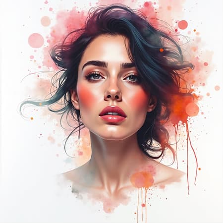 Watercolor paintings of a woman, emphasizing high-contrast realism with a touch of abstract flair, capturing her essence in vibrant and flowing hues. Create a sense of dynamic energy and movement with playful splashes of color, maintaining the essence of realism while exploring imaginative interpretations and spontaneous elements.