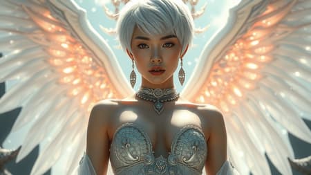 A striking young Asian woman with short white hair and a beautifully detailed face stands as the queen of the ethereal realm. Her toned midriff is elegantly displayed, accentuating her grace and strength. In a fantastical setting, the cinematic lighting captures the breathtaking essence of her hyperrealistic appearance. The scene is rendered in a stunning, wide-angle view, influenced by the styles of Greg Rutkowski and Magali Villeneuve. The environment exudes surreal beauty, crafted with CGI techniques. Despite a hint of surreal imperfection, such as occasional extra limbs or distorted features, the imagery remains mesmerizing and otherworldly.