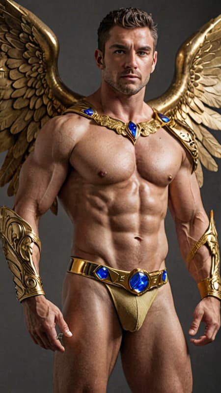 ARCHANGEL, celestial, galaxy protector, universal warrior Angel. Hypermasculine Caucasian male. Tall, muscular, sinewy, broad shoulders, broad chest, wide back, narrow waist, strong muscular legs, thick hairy forearms. Bodybuilder physique. Extremely hirsute hairy chest, abs, arms, thighs, legs {{{hirsute hairy chest and abs}}}. Dark brown hair, short length wavy fade style, cut close on sides with tousled curls on top {{{short hair}}}. Metallic golden circlet headband around head/brow. Strong brow, squared jaw, thick brows, handsome, masculine, rugged good looks. Clean shaven, beardless face. {{Electric blue eyes}} glowing and bright. Metallic gold pauldrons with sapphire gems on both shoulders, metallic gold bracers with sapphire accents on his hairy arms. Metallic gold harness across his hirsute hairy chest; gold ring in the middle, metallic straps on both sides of shoulders, the other two under each Pectoral. An ornate gold belt with sapphire gems around his waist. Metallic gold jockstrap, full and girthy. Metallic gold boots, up to mid calf. Enormous gold Angel wings, spread open and flying. He shines with a golden aura of light, bright as the sun. Full body pose, flying through space towards Heaven. ARCHANGEL, celestial, galaxy protector, universal warrior Angel. Hypermasculine Caucasian male. Tall, muscular, sinewy, broad shoulders, broad chest, wide back, narrow waist, strong muscular legs, thick hairy forearms. Bodybuilder physique. Extremely hirsute hairy chest, abs, arms, thighs, legs {{{hirsute hairy chest and abs}}}. Dark brown hair, short length wavy fade style, cut close on sides with tousled curls on top {{{short hair}}}. Metallic golden circlet headband around head/brow. Strong brow, squared jaw, thick brows, handsome, masculine, rugged good looks. Clean shaven, beardless face. {{Electric blue eyes}} glowing and bright. Metallic gold pauldrons with sapphire gems on both shoulders, metallic gold bracers with sapphire accents on his hairy arms. Metallic gold harness across his hirsute hairy chest; gold ring in the middle, metallic straps on both sides of shoulders, the other two under each Pectoral. An ornate gold belt with sapphire gems around his waist. Metallic gold jockstrap, full and girthy. Metallic gold boots, up to mid calf. Enormous gold Angel wings, spread open and flying. He shines with a golden aura of light, bright as the sun. Full body pose, flying through space towards Heaven.
