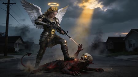 Armored Angel Warrior Subdues Demon In Street A photorealistic cinematic 16:9 film still in a dim residential American suburban street, low-light dusk register with smoke and dust suspended in the air.
Camera at low-medium height, slightly below her eye line, framing Iustitia centered and full-figure with the prone Daemon Minor sprawled across the lower foreground beneath her right boot. The composition catches her in the active mid-strike beat of Saint Michael Triumphant — body upright, weight planted, shoulders squared toward the camera vantage, her face angled downward toward the demon, eyes locked on the target. Her right boot is planted on the demon's chest pinning it to the asphalt, the demon's body sprawled supine with limbs splayed, one clawed hand reaching up in futile defense, the wide reptilian skull turned toward the camera in mid-recoil. She holds @img1 — the SHORT BARREL PROFILE M4-style carbine, compact close-quarters length, with the GOLD ENGRAVED CHI RHO on the lower receiver — raised in proper two-handed shooting grip at shoulder height, the muzzle depressed downward toward the demon at her feet. The aim line runs from her hands down through the rifle muzzle to the demon's center mass — the geometric line reads cleanly across the frame from upper-right (her shoulders) to lower-left (the demon's chest where the muzzle terminates).
@img2 — plate armor, weathered steel, intact. Crown braid woven horizontally across top of the head. White feathered wings spread wide behind her, the wing surfaces visible across the upper-frame margins. HALO: thin luminous ring of warm gold light, faintly translucent, soft falloff at edges, a halo of light, not of metal — visible above her crown.
@img3 sprawled supine across the lower foreground — quadrupedal, lean elongated body much longer than tall, hugging the ground in low predator posture, wide flat reptilian skull, spade-tipped whip tail, dark sanguine red-brown hide. The demon mid-recoil, one clawed hand raised toward her in last defense, jaw open in soundless protest, the wide reptilian skull turned toward the camera. Demon eye-glints catch dim cool reflections of the ambient light, NOT warm-saturated.
Setting: residential American suburban street — distant tract houses silhouetted against the smoke-and-dust haze on either side of the frame, a power line and a telephone pole on the left edge, the asphalt of the street stretching beneath them, drifts of dust kicked up around the demon's body and her boots. Mid-engagement aftermath, no civilians visible.
Lighting: LOW and DIM-DUSK — overcast oppressive sky breaking partially overhead, a single shaft of warm gold light penetrating the cloud cover from above and catching her halo and the upper edges of her wings, the ground level still dim and dust-laden. The halo's warm gold ring is the dominant warm element, with the shaft of broken-cloud light reading as the divine source the halo answers to.
Color grade: cool-biased white balance, heavily desaturated palette, hard-crushed blacks in the asphalt and the silhouetted houses and the demon's underside shadows, selective warm gold strictly reserved for the halo ring, the GOLD ENGRAVED CHI RHO on the rifle receiver, and the broken-cloud divine light shaft above. Demon hide reads deep sanguine. NO blue tint, NO teal cast — cool desaturation with natural cool whites in the smoke and dust.
Shot on an ARRI Alexa Mini with an anamorphic lens, slight halation around the warm halo and the divine light shaft, faint atmospheric haze of smoke and dust suspended throughout, slight motion blur on the demon's raised clawed hand suggesting just-arrived recoil.
Composition: Saint Michael Triumphant (Guido Reni's Capuchin altarpiece template) in the active mid-strike beat — saint above, demon below, foot planted on the demon's body, weapon raised mid-execution. Direct lift of the Counter-Reformation altarpiece template, modern-translated to suburban America with rifle replacing spear. The pose reads before the modern weapon does.
NO LABELS, NO ANNOTATIONS, NO TEXT OF ANY KIND in the final output. The GOLD ENGRAVED CHI RHO on the rifle receiver is a diegetic marking permitted as part of the prop design.