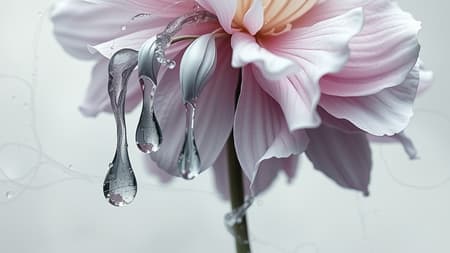 Surrealist artwork depicting ethereal water droplets clinging to a flower's stem, with abstract Picasso-inspired elements, featuring melting and intertwining materials in muted silver and soft lilac hues. The composition highlights intricate layering and dreamlike textures, evoking a sense of otherworldly fluidity and graceful transformation.