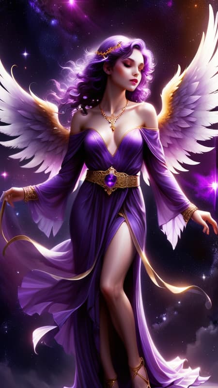 They say that purple stars don't exist in space, or that we can't see the light they emit...but they do, and there is an Angel that resides over them. She is a beautiful Angel with huge wings with Violet, purple, magenta, amethyst, lilac and magenta wings. She appears as a feminine Caucasian woman-- tall, statuesque, strong, slender but athletic. Her hair is black with streaks of purple throughout, swept back on one side, curly Bangs swept to one side with long loose curls falling over her shoulders. Her eyes are bright Violet and shine like jewels, her lips magenta, her face modelesque and pretty.  There is a glowing bright Violet halo over her head. She wears a shiny metallic long sleeved off the shoulder gown, the sleeves lacey and delicate. She wears a gold necklace around her neck with an amethyst stone pendant. Gold bracelets on her wrists, and a metallic gold belt with amethyst stones around her waist. The bottom part of her gown is flowing gently, she wears golden high heeled sandals on her feet. She stands on the edge of a galaxy, and there are purple stars where she resides. She carries a golden jeweled sword that vanquishes evil and darkness. She is God's Angel of mystery and all things unkown. Full body pose. They say that purple stars don't exist, but SHE DOES... 