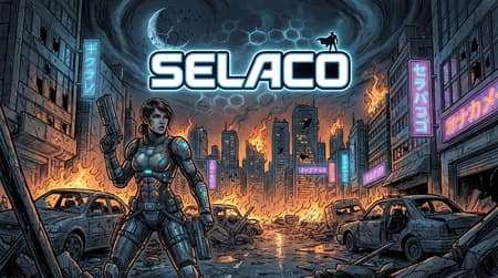 A detailed comic book style illustration of a female protagonist in futuristic armor, holding a pistol, standing in a destroyed cyberpunk city street. The scene is set at night with buildings on fire and debris scattered, evoking a dark and intense mood. Above, the word "SELACO" is prominently displayed, with a small figure standing on the 'C'. The sky is dark with a view of a planet and hexagonal patterns. The color palette is dominated by dark blues, grays, and oranges from the fires, with neon accents from holographic signs. The atmosphere is chaotic and post-apocalyptic.