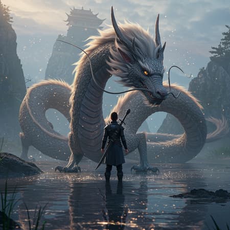 A grand fantasy scene showcasing a person standing confidently in the shimmering water beside a majestic Chinese dragon. The setting is captured in stunning realism and intricate detail, reminiscent of the works of Theo Prins and Kuang Hong. The image is characterized by 8k sharp focus and photorealistic qualities, highlighting the dragon's finely scaled body and the person's determined expression. The scene is enveloped in an atmospheric, magical aura reminiscent of magewave themes, with cinematic lighting akin to the nuances of Ferrania P30. Evgeni Gordiets' influence is evident in the harmonious color palette, creating a sense of awe and wonder. The overall composition is perfectly balanced, with no signs of distortions or inaccuracies, allowing the viewer to be fully immersed in this captivating fantasy tableau.