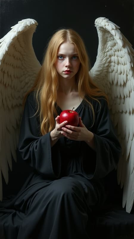 Oil painting, a somber angel with long, flowing golden hair, pale skin, and striking red-rimmed blue eyes, holding a red apple to its lips. The angel is seated, draped in dark, flowing robes, with large, textured white wings. Art style inspired by classical dark fantasy and pre-raphaelite art. Dramatic chiaroscuro lighting, creating a dark and moody atmosphere. Dominant colors are deep blacks, muted grays, pale skin tones, golden hair, and the vibrant red of the apple, with hints of purple and blue in the eyes and shadows. Full shot, vertical composition. Intricate details on the wings and hair.