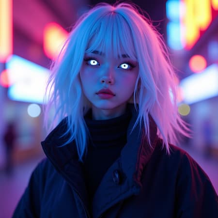 A Japanese woman with striking white contact lenses and bold, thick eyeshadow wears an oversized coat, her white hair glowing under blacklight. The ambient neon lights cast colorful reflections on her skin, creating a vivid hyperrealistic image. This photorealistic scene is rendered in 8k, as if crafted in an advanced unreal engine. The atmosphere is charged with an expressive style, capturing every detail with a sense of surreal modernity.