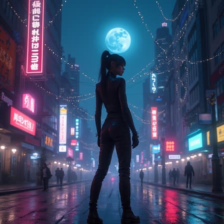 A lone woman standing in a bustling cyberpunk cityscape, neon lights casting vibrant hues onto the slick streets. In the night air, the moon glows softly above, adding a mystical touch to the scene. Her intense gaze focuses on the distance as she stands in a three-quarter view, showcasing her confidence and enigmatic nature. Wearing a sleek, futuristic outfit that hints at her strength, she exudes an aura of mystery. The depth of the city around her is filled with towering skyscrapers, electric signs, and a complex web of glowing strings, weaving an intricate pattern in the night.
