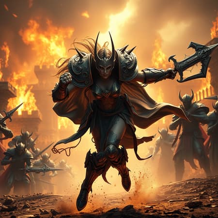 Massive scale warriors woman elf gorgeous beautiful epic battle, running pose in slow motion, powerful rage goddess, intricate armor weaponry, ancient battlefield, blazing fire walls in background, occlusion, epic wide shot, aerial perspective, dark fantasy, CGI, depth focus, crepuscular rays, sunlight streaming through, hyperrealistic, photorealistic, deeply detailed, elaborate maximalist, in the style of Diablo.