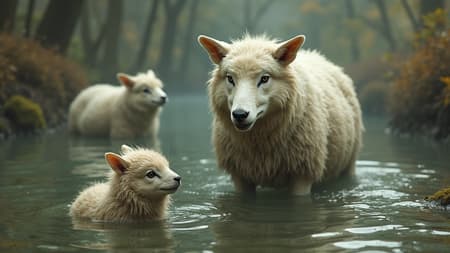 remake this to say "BEWARE OF FALSE AXOLOTL POSTERS" and instead of the wolf dressing as a sheep it's dressed as an axolotl in a pond, and the sheep in the background is also an axolotl