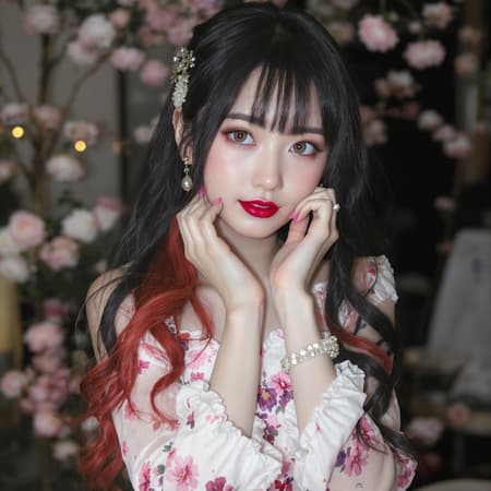 A stunning, attractive, 32-year-old kawaii girl with captivating features. Her silky graphite black hair transitions to a fiery flame red at the tips. She dons a long, floral print dress adorned with delicate ruffles, complemented by elegant pearl drop earrings and a charming bracelet. Her look is completed with shimmering sequined sandals. Her mesmerizing pearl violet eyes captivate anyone who gazes into them, and her full, red lips add to her allure. This exquisite image captures her beauty in UHD, HDR10, and 16K, ensuring the highest quality and detail. The focus is clear, with no distractions like blurriness, artifacts, or out-of-frame issues, presenting her in a perfect, intriguing composition.