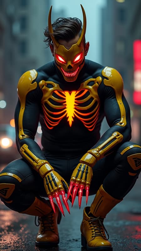 Super-hero, vigilante anti-hero, spooky. cinematic composition, urban noir atmosphere. Athletic Caucasian male, muscular husky build, 5'10", wearing a formfit spandex tactical stealth suit in matte black nano-fabric. Ornate yellow-gold skeleton graphic design overlay across limbs, anatomically accurate bone patterns with glow-in-the dark. Yellow-gold combat boots rising to knees with aggressive V-cutout, deep crimson titanium toe caps. Armored gauntlets in metallic yellow-gold reaching elbows, featuring crimson finger-tips with retractable diamond-tipped claws. Custom electroshock weapon system generating vivid red lightning effects, 32k resolution electricity details.

Chest armor features intimidating demon-face design: yellow-gold base with cut-out revealing matte black underlayer forming ribs, centered by menacing grin with sharp blood-red metal teeth. Upper chest includes glowing crimson LED eye shapes, shoulders sculpted into sharp horn-like points. Tactical neck guard in stealth black nanoweave, flowing into yellow-gold face mask with aggressive V-shape design. Mask features geometric black jaw section and prominent crimson V-shaped visor with internal illumination, creating threatening eyes effect. Modern  short fade hairstyle with dark brown top length styled sideswept. 

Dynamic pose showing figure perched on gothic architecture, photographed from dramatic low angle. Moody nighttime urban setting with neon accent lighting, volumetric fog effects. Ray-traced reflections on metallic elements, cinematic color grading emphasizing deep shadows and selective highlights. Photorealistic materials and textures, 8k resolution, octane render, ultra-detailed, studio lighting with practical effects.