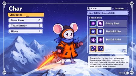 A stylized RPG character strategy guide page, featuring a cute anthropomorphic mouse character, "Char," in an anime style. The main image shows Char, a small mouse with white fur and large pink ears, wearing an orange and black hooded coat and a blue scarf, holding a glowing orange sword, standing on snowy mountains under a starry night sky. The page includes character stats, special skills like "Galaxy Slash" and "Starfall Strike" with pixel art icons, and character lore. The overall aesthetic is clean, digital art with a touch of pixel art for UI elements, in vibrant blues, purples, oranges, and white. The mood is adventurous and fantastical.