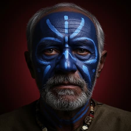 Hyperrealistic portrait of an elderly Austrian warrior chief with tribal panther-inspired makeup, featuring bold blue patterns on a rich red background. The warrior gazes intently ahead with deep, serious eyes that convey wisdom and strength. His skin texture is captured in exquisite detail, highlighting the years of experience etched into his features. Shot with a 50mm f2 lens using a GFX100 camera, the image incorporates dramatic hard rim lighting to accentuate the contours of his face, creating a captivating and powerful visual impact.