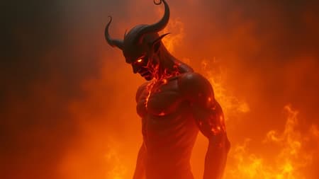 Character Design A photorealistic character design emerges from the depths of hell, surrounded by swirling mist and engulfed in flames. The intricate details of the figure's fiery skin glisten with the intense glow of the inferno, capturing the essence of demonic allure. Volumetric lighting casts dynamic shadows across the scene, highlighting the hyper-detailed textures and menacing features. Rendered in stunning realism with Octane Render and Unreal Engine, the image showcases the character's piercing eyes and ethereal presence against a backdrop of searing heat and enveloping vapors. An HDR effect accentuates the vivid contrast between the blazing fire and the shrouded mist, creating a striking, otherworldly atmosphere.