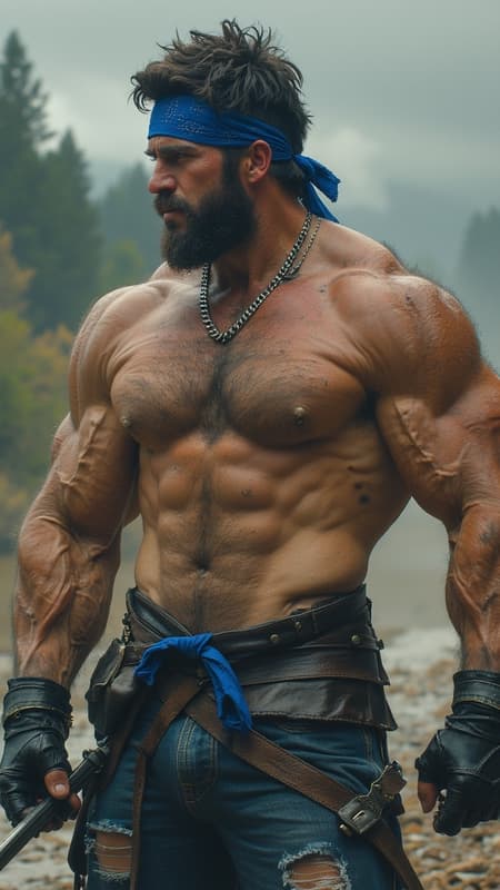 Biker/motorcycle guy, street justice, motorcycles,
testosterone. Caucasian male, short dark brown hair, royal blue bandana tied around forehead. Sky-blue eyes, soul-patch and short trimmed goatee on face, strong jaw and brow, chisleled chin. Hypermasculine, handsome, rugged, brawny broad chest, sinewy and muscular, rugged male,big muscles, bodybuilder. Hirsute hairy chest, arms, legs {{{hairy chest, hairy body}}} Shirtless, sweaty body. Silver chain around neck. Black leather biker boots, black leather biker gloves, ripped/torn jeans. full body pose, shirtless , arms up bicep flexing, dark ample hair in armpits. {{{MASTERPIECE}}} Biker/motorcycle guy, street justice, motorcycles,
testosterone. Caucasian male, short dark brown hair, royal blue bandana tied around forehead. Sky-blue eyes, soul-patch and short trimmed goatee on face, strong jaw and brow, chisleled chin. Hypermasculine, handsome, rugged, brawny broad chest, sinewy and muscular, rugged male,big muscles, bodybuilder. Hirsute hairy chest, arms, legs {{{hairy chest, hairy body}}} Shirtless, sweaty body. Silver chain around neck. Black leather biker boots, black leather biker gloves, ripped/torn jeans. full body pose, shirtless , arms up bicep flexing, dark ample hair in armpits. {{{MASTERPIECE}}}