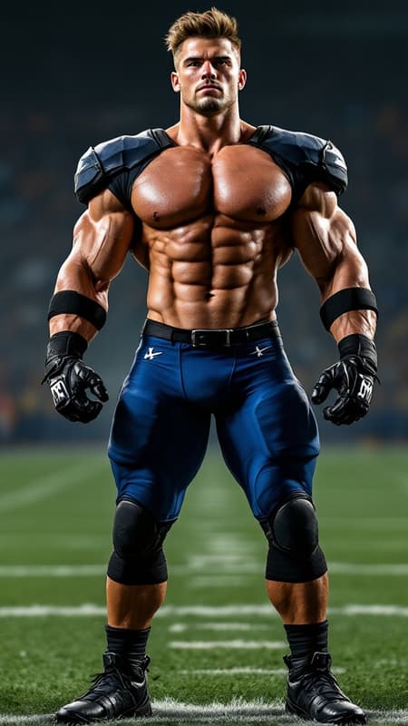 Superhero, football Player, sports figure, college football. Hypermasculine male, Caucasian white male, young man (about 18 thru 21). Very tall (6 foot 5), muscular, athletic, fit, wide back and shoulders, broad chest, narrow waist, big thighs and calves. Super strong, can lift a car. Unstoppable, can plow through his opponents on the football field. Handsome, rugged good looks. Dark brown very short straight hair, flat top hairstyle, close on sides and spiky on top. Deep set light brown eyes, strong brow and chin, mild soul patch on face. Black strips under his eyes to reduce glare. Shirtless, sweat dripping down his bare chest and legs after a hard practice. Black shoulder pads, elbow pads and knee pads on the outside of his body. Ultramarine blue shiny football shorts stretched over his bulging groin, exposing his strong, muscular legs. Black cleated football shoes. Usually flexing his biceps, macho guy. Full body pose. On the football field. 