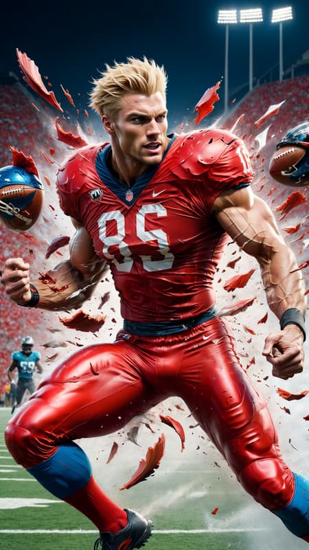 Super-hero, football Player, sports figure, college football. Hypermasculine male, Caucasian white male, young man (about 18 thru 21). Tall, muscular, sinewy, athletic, fit, wide bach and shoulders, broad chest, narrow waist, big thighs and calves. Super fast, can outrun a car, leaves a trail of wind in his wake. Unstoppable, can plow through his opponents on the football field. Handsome, rugged good looks. Light golden blonde very short hair, flat top hairstyle, close on sides and straight spiky on top. Deep set aqua-blue eyes, strong brow and chin, mild soul patch on face. Cleft in chin, cute dimples on face. Black strips under his eyes to reduce glare. Bare chest, shirtless, sweat running down his chest and legs after a hard practice. Black shoulder pads, elbow pads and knee pads on the outside of his body. Bright red (((red))) shiny football shorts stretched over his bulging crotch, revealing strong powerful thighs and legs. Black cleated football shoes. Usually running, a need for speed. Full body pose. 