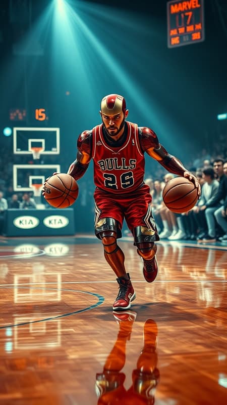 Marvel's Ironman dribbling a basketball on a glossy court, clad in a classic Chicago Bulls jersey, the iconic red and black vividly highlighted against the slick backdrop. The scene is captured from a dynamic low angle, showcasing Ironman's metallic sheen merged seamlessly with the fabric's texture, every reflection rendered in surreal realism akin to high-resolution Xbox 360 graphics. The atmosphere echoes with an emotive realism, as Ironman's focused expression is contrasted against the intense anticipation of the spectators, each detail captured with a sense of eerily lifelike authenticity, vividly animated within the elongated portrait of a 9:16 frame.